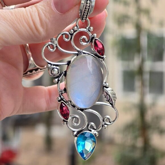 Milky Opal ✦ Blue Sapphire Garnet Pendant ✦ 925 Sterling Silver Intricate Swirl - Picture 10 of 13